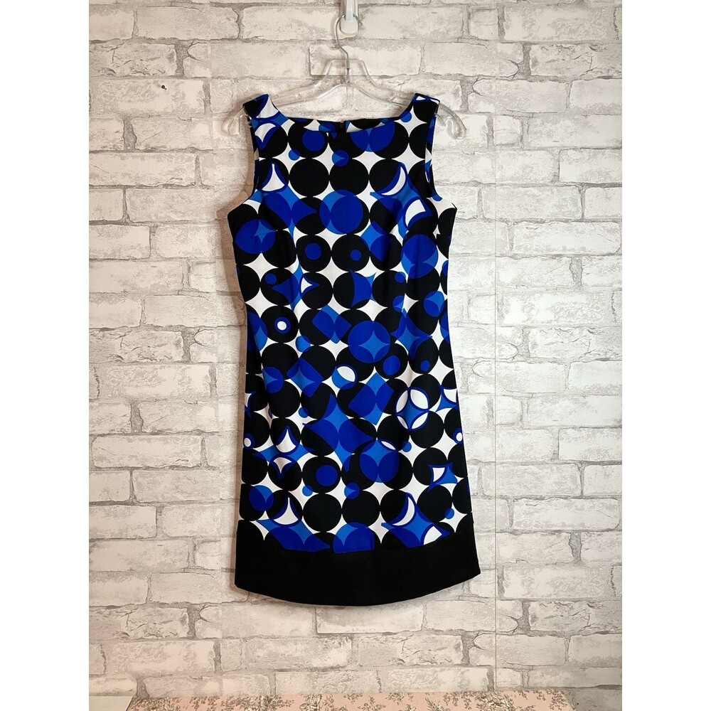 AB Studio Blue Black Geometric Mod Shift Dress Sleeveless Boat Neck Sz 6 EUC